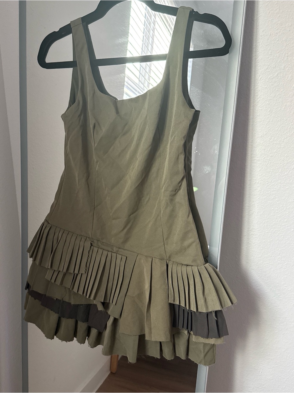 Zara Military Green Olive Pleated Tiered Mini Dress